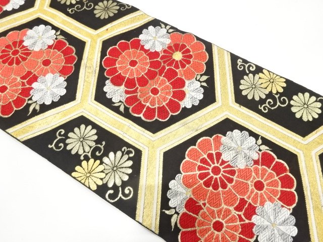 JAPANESE KIMONO / ANTIQUE FUKURO OBI / SILK / WOVEN KIKU